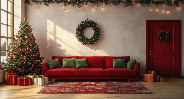 Red sofa sits under lit Christmas tree and wreaths with wrapped gifts along the floor in a cozy living room.