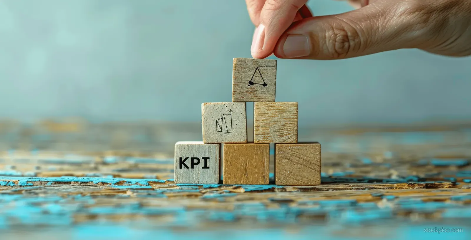 A hand places a wooden block labeled KPI on stacked blocks along a progress path.