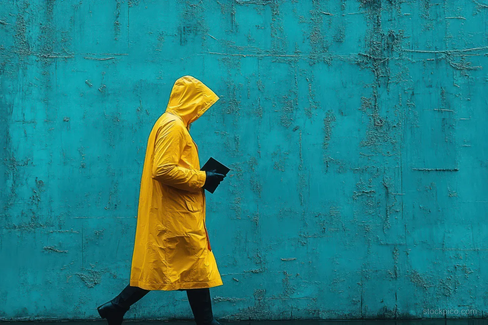 Person in a yellow hooded raincoat walks while reading a small book in front of a textured turquoise wall.