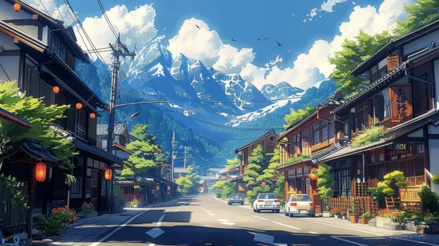 Anime-style old Japanese street with cars, glowing lanterns, and snow-capped mountains in the distance.