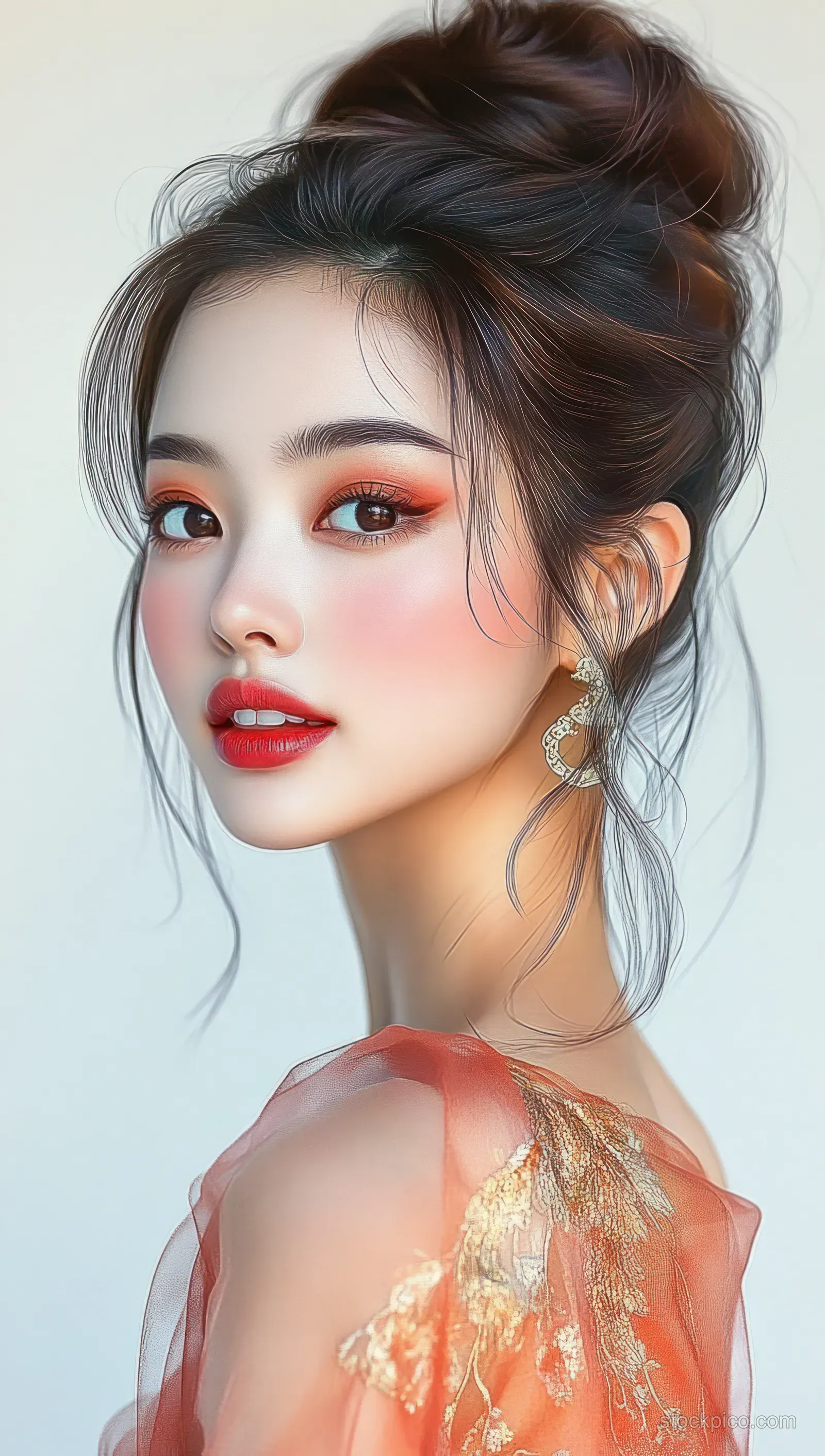 Side profile portrait of a woman in a sheer orange gold-embroidered dress with an updo hairstyle and delicate earrings in soft light.