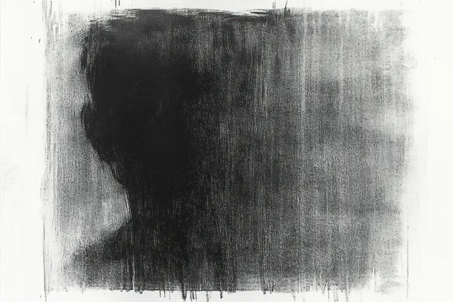 A dark abstract human head silhouette fading into a smoky black-gray textured gradient background.