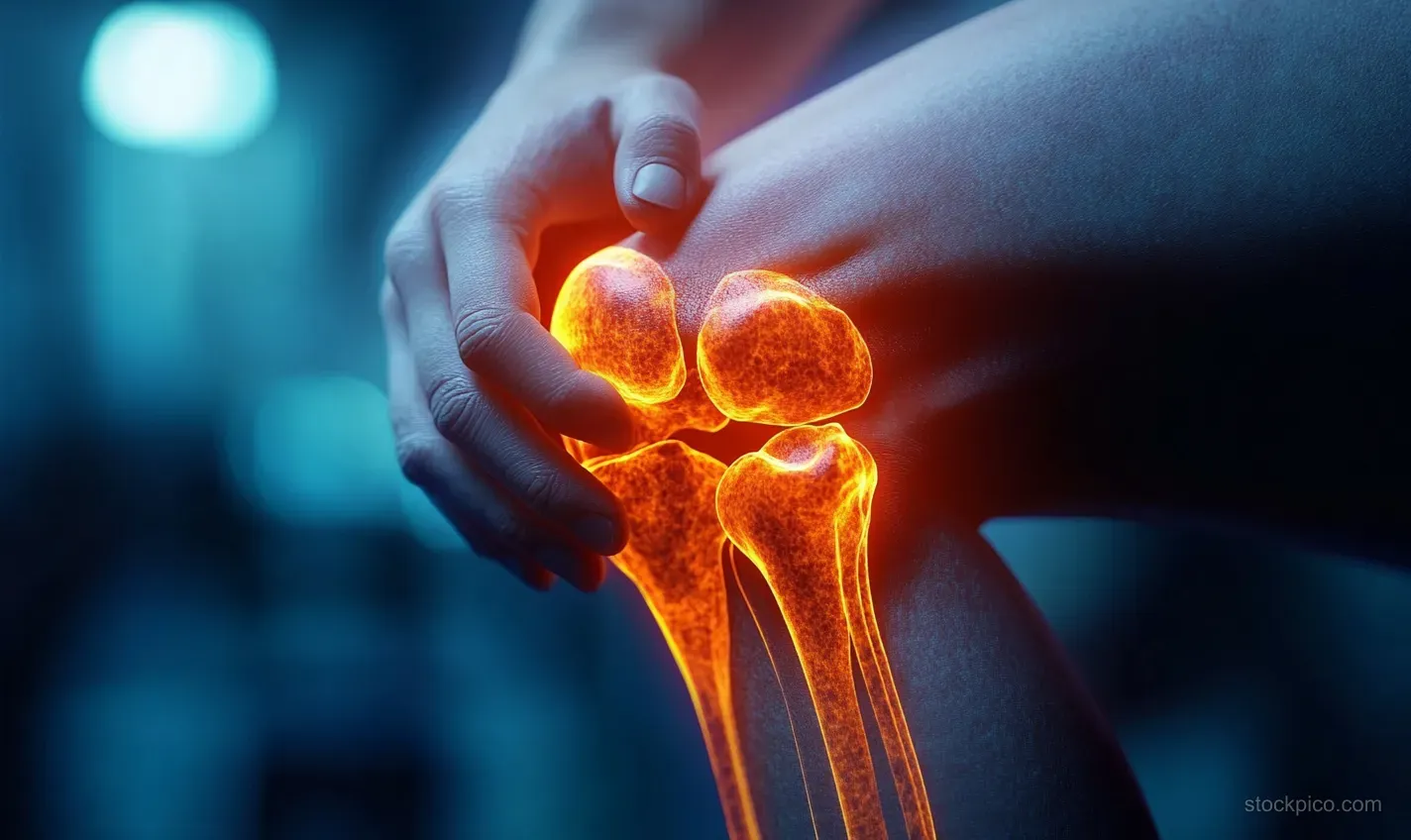 A hand presses a knee while glowing bone outlines indicate internal joint pain and injury.