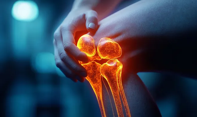 Hand pressing knee while glowing internal bones visualize joint pain and injury