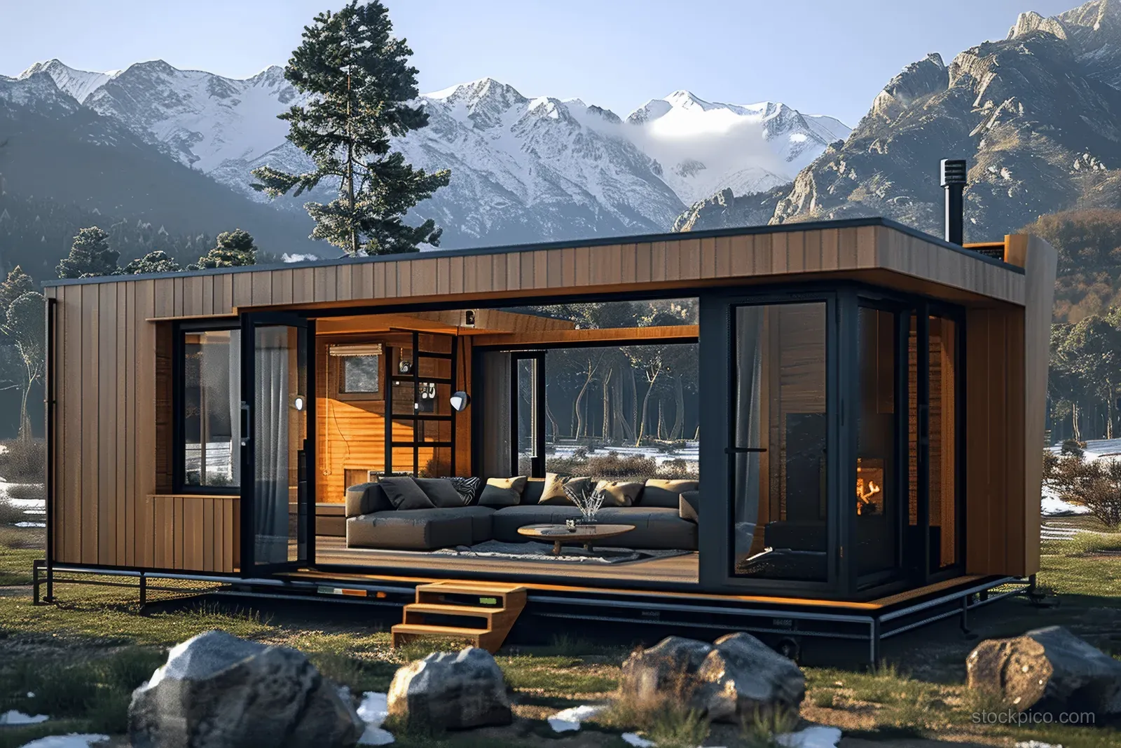 Modern wooden tiny home with flat roof and sliding glass doors on a trailer in a snowy mountain landscape.