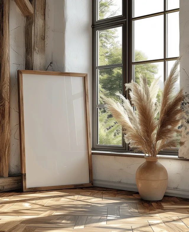 Blank poster frame mockup stands beside a vase of pampas grass near bright window panels in a rustic interior room.