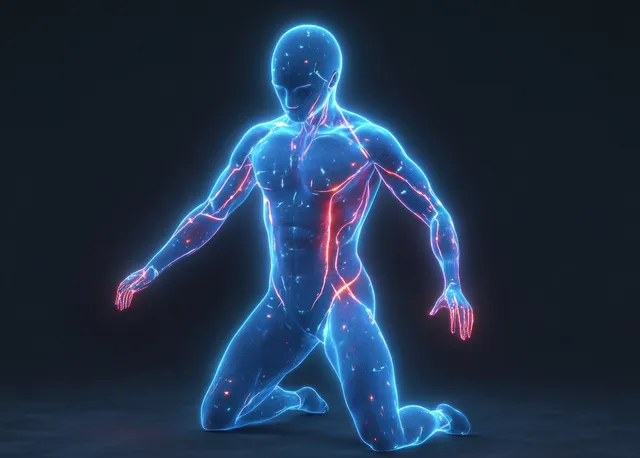 Neon blue kneeling digital human with glowing red neural pathways against a dark background.