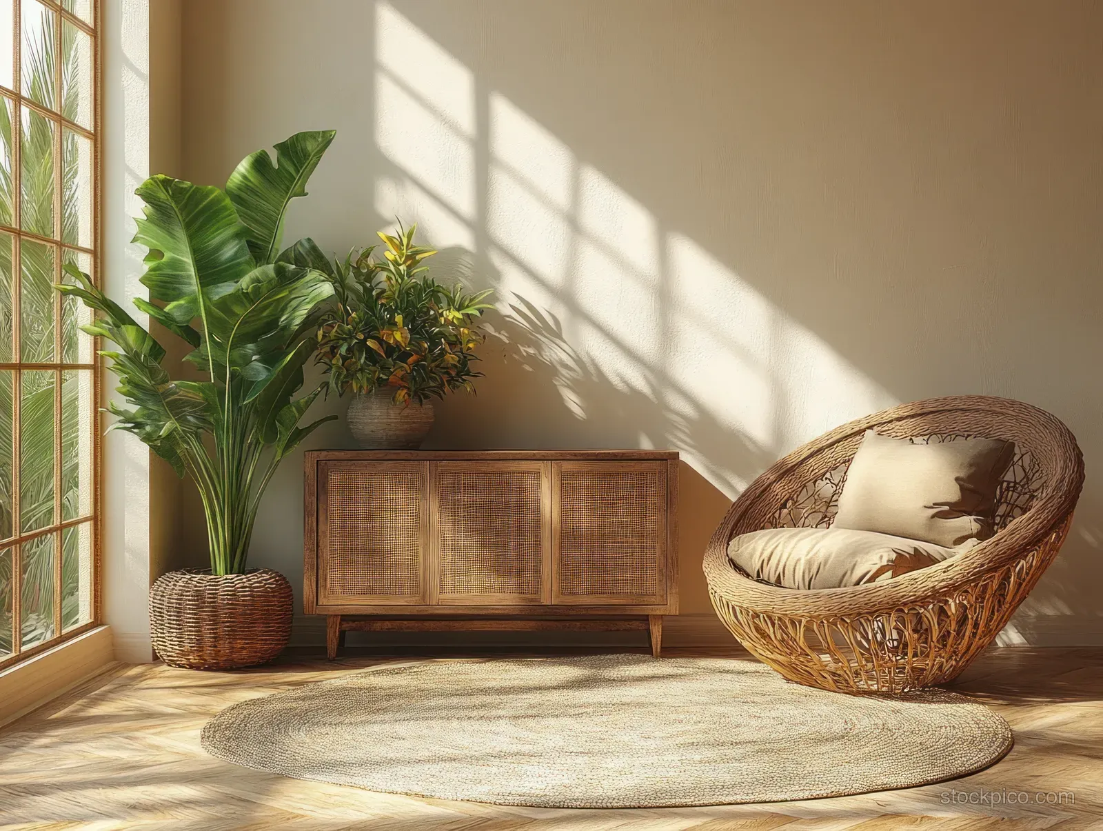 Sunlit Scandinavian lounge corner with a wooden sideboard, rattan chair, and lush green plants near a large window.