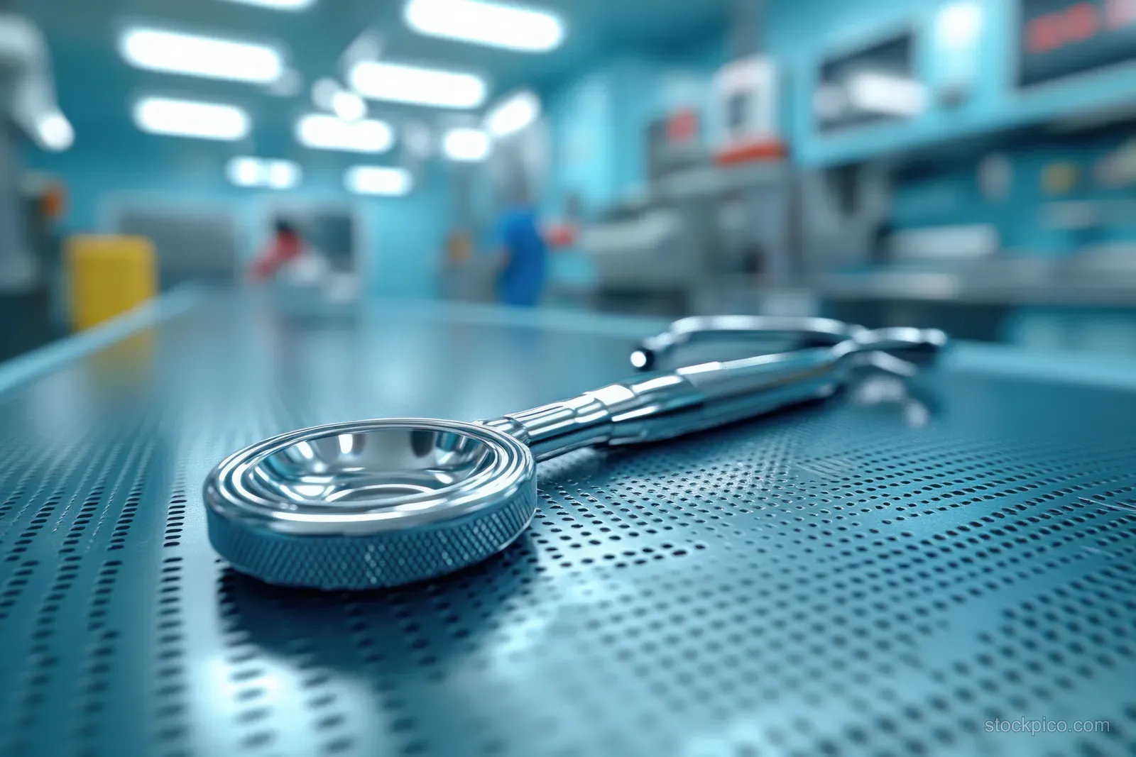Stainless medical instrument and small vial rest on a clinic counter while the treatment room blurs in the background.