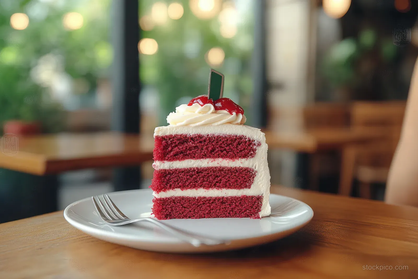 A slice of red velvet cake with cream frosting on a white plate atop a wooden cafe table.