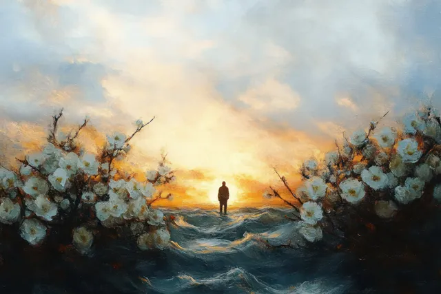 Lone silhouette stands on horizon path between white blossoms at vivid sunset