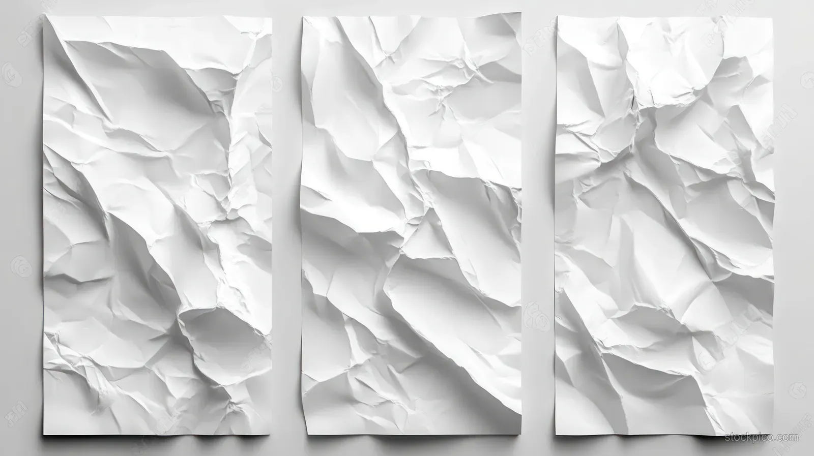 Three crumpled blank white paper sheets with deep creases and soft shadows on a gray background.