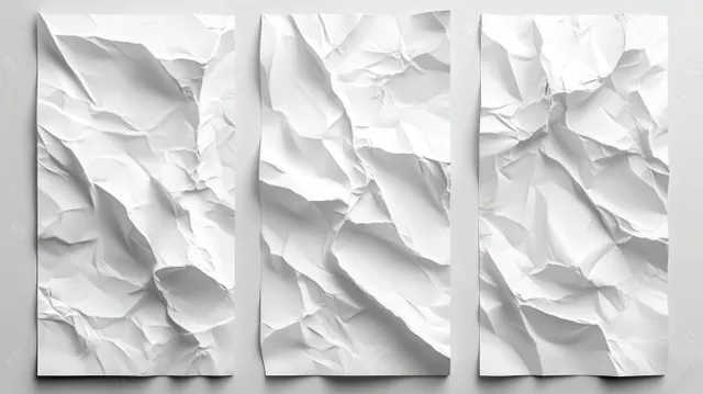 Three crumpled blank white paper sheets with deep creases and soft shadows on a gray background.
