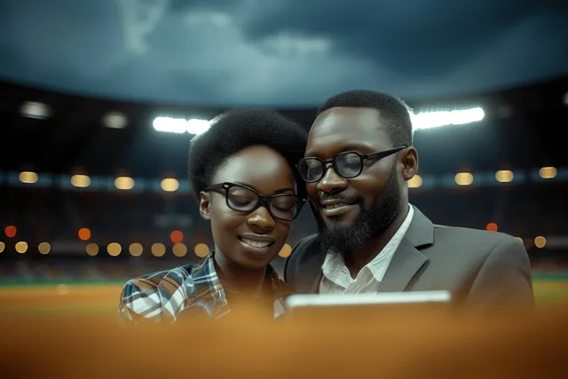 Two African coworkers sit at a desk using tablets while blurred city lights shine through the office window.