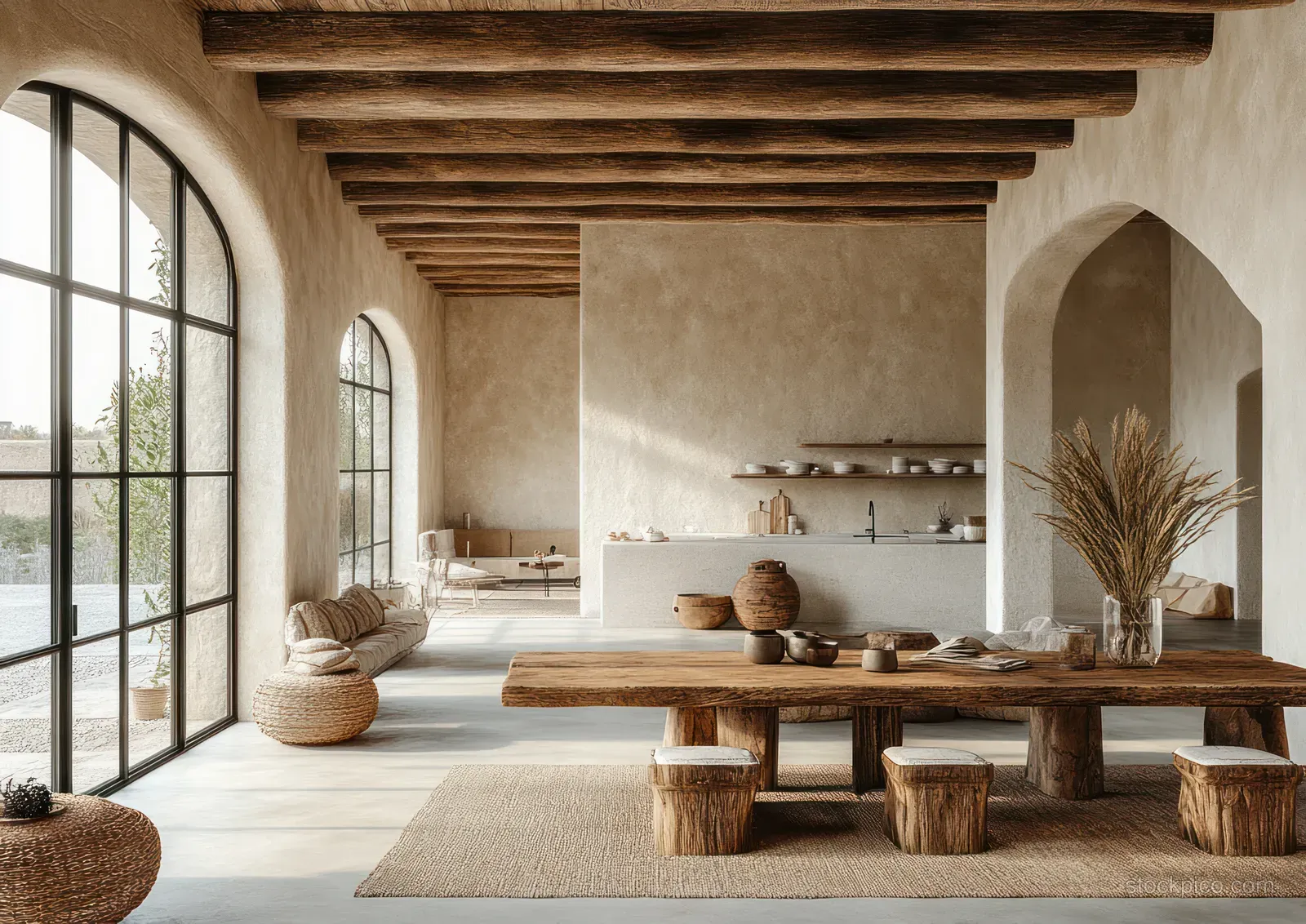 Rustic minimalist dining room with wooden beams and a long table, lit by large arched windows in warm earth tones.