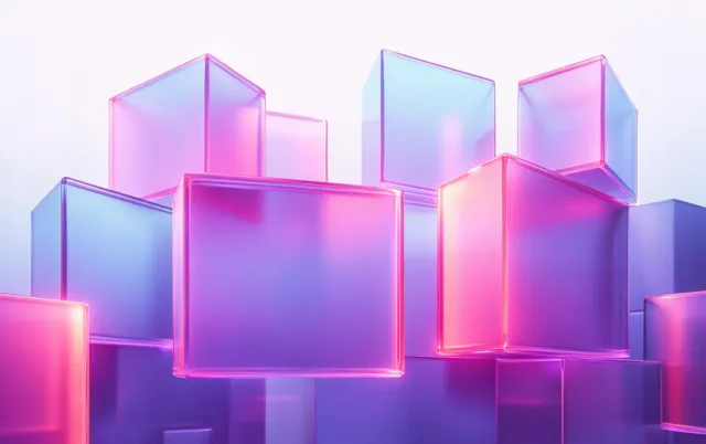 Pastel neon translucent cubes and rectangles glow in a layered 3D geometric abstract composition.