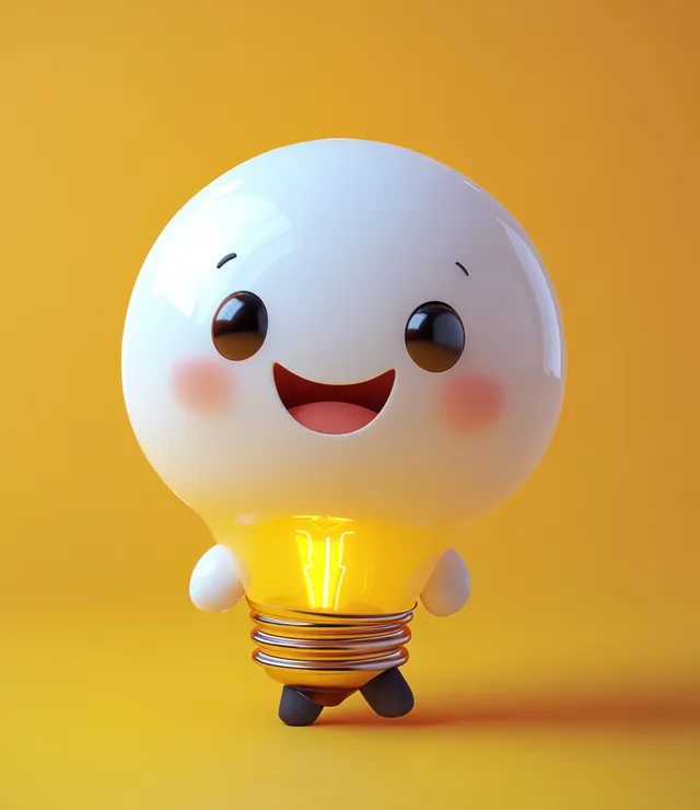 A cheerful 3D businessman character holds a glowing yellow light bulb against a warm yellow background.