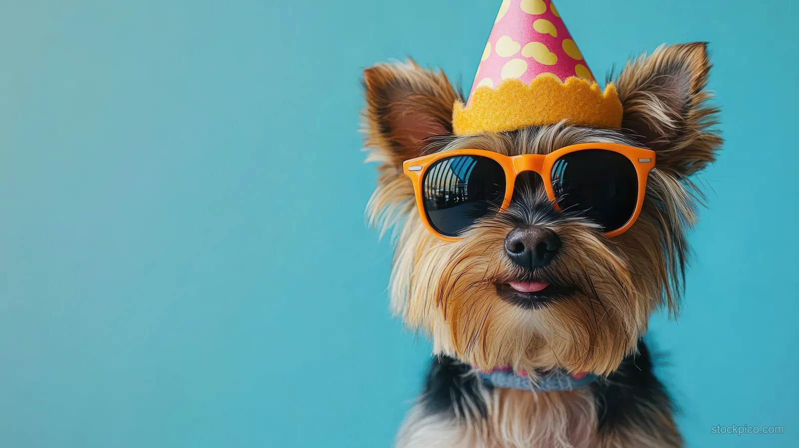 Small dog wearing a colorful party hat and orange sunglasses, smiling against a light blue background.