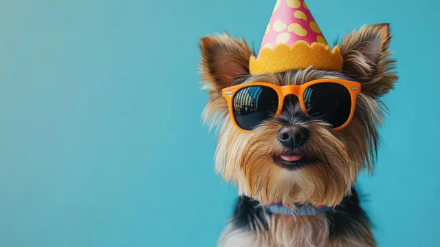 Small dog wearing a colorful party hat and orange sunglasses, smiling against a light blue background.