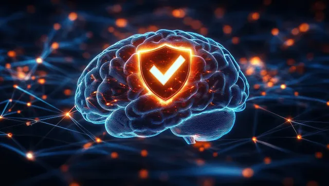 Glowing digital brain protected by a bright shield with a check mark amid blue network connections.