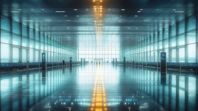 Empty airport terminal hallway with glass walls, reflective floor, and distant travelers under ceiling lights.