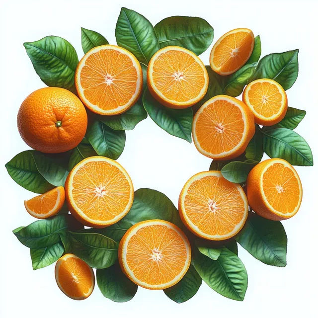 Whole and halved oranges arranged in a circular ring with green leaves around them.