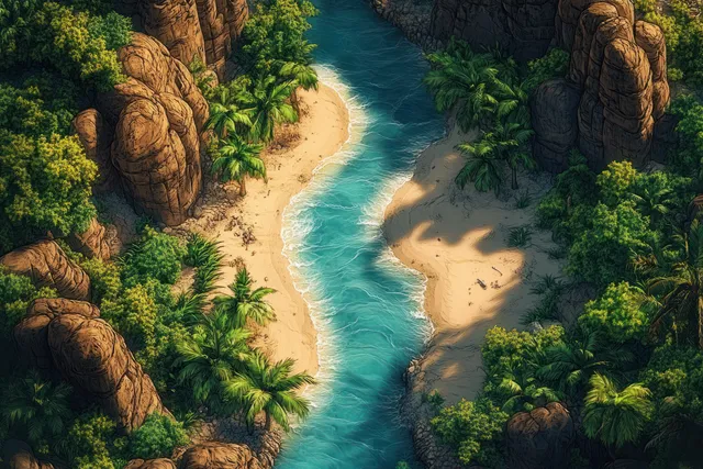 A winding turquoise river flows through a tropical canyon with sandy banks and sunlit rock cliffs.