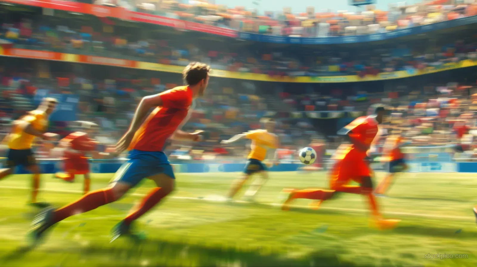 Spain forward sprints toward a bouncing ball while rival defenders close in inside a packed stadium.