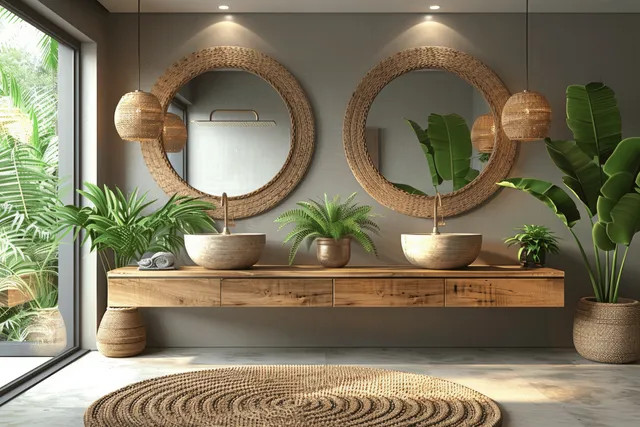 A minimalist bathroom with a double wooden vanity, round mirrors, hanging lamps, and potted plants.
