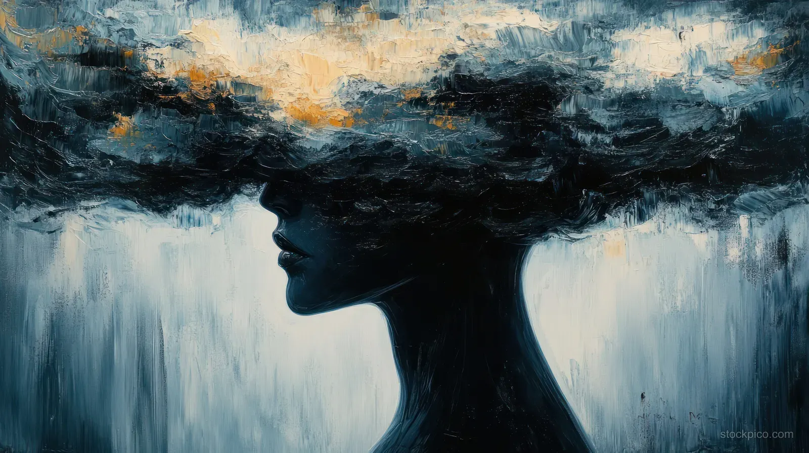 Faceless silhouette beneath dark swirling clouds in an abstract emotional scene.