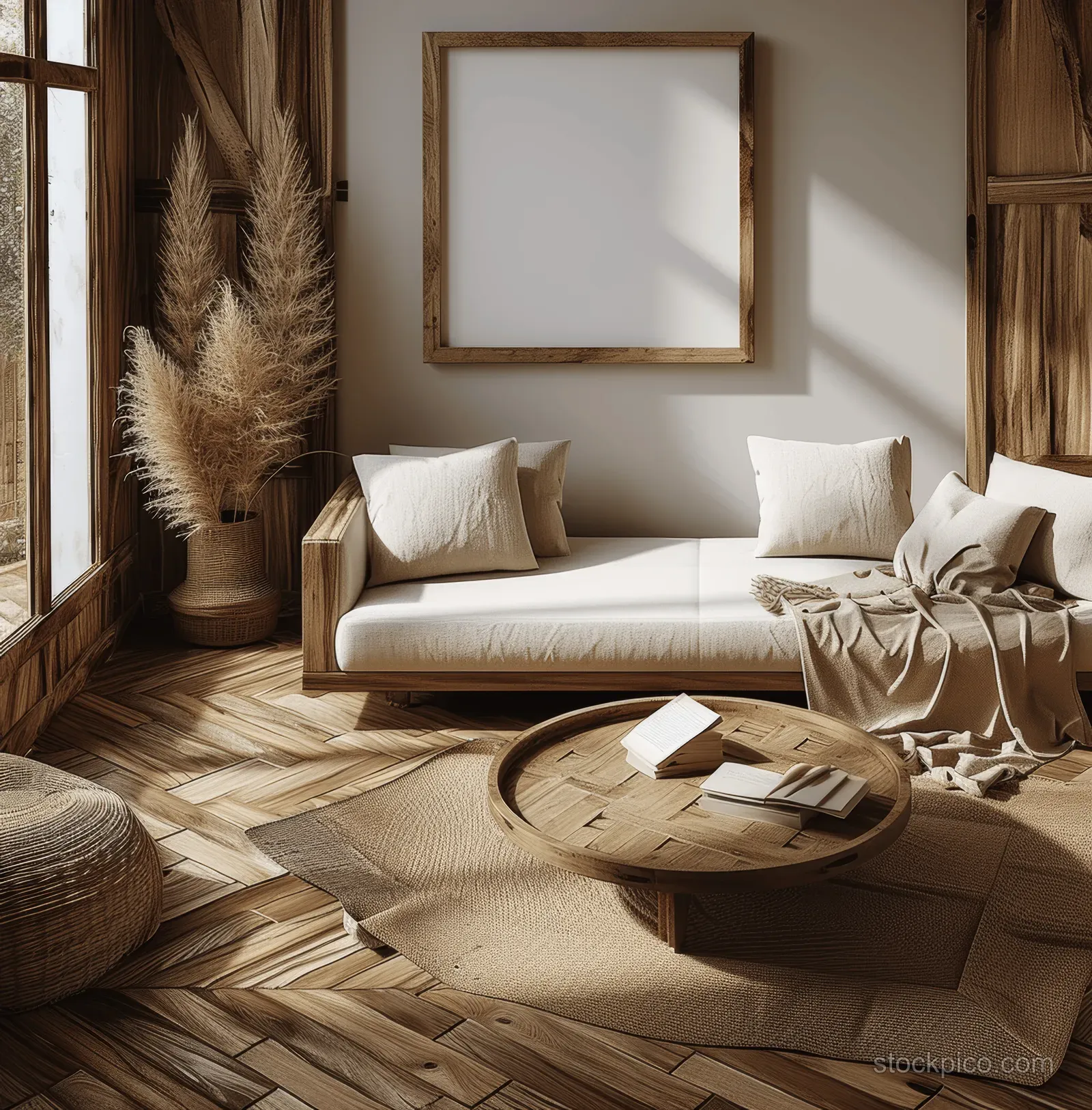 Blank square frame mockup hangs above a coffee table in a boho living room with pampas grass and wicker accents.