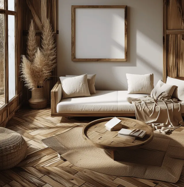 Blank square frame mockup hangs above a coffee table in a boho living room with pampas grass and wicker accents.