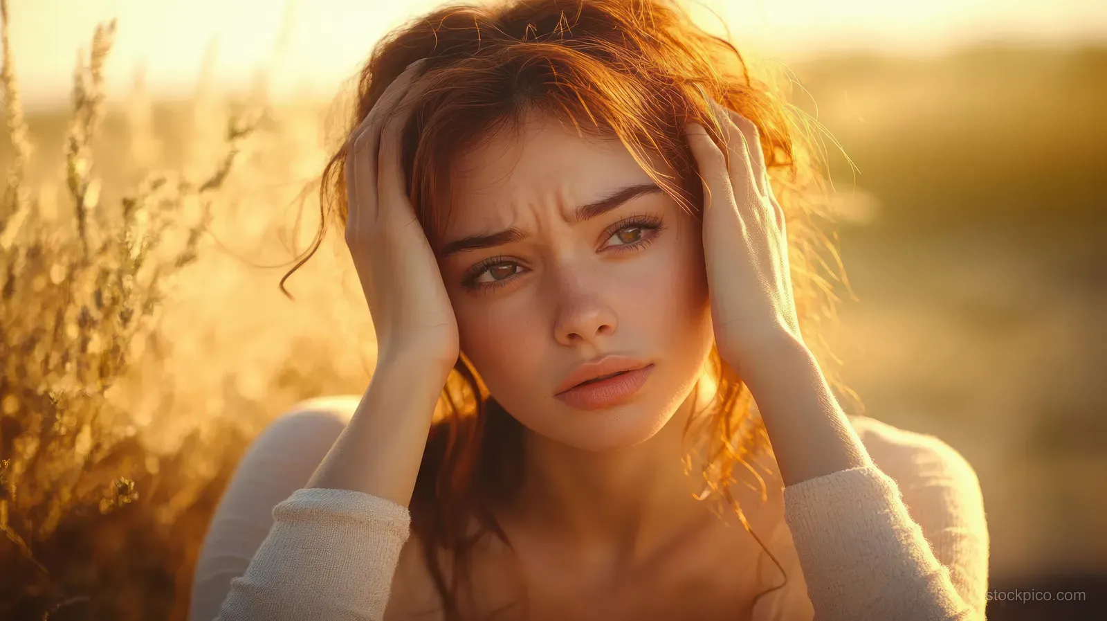 A young woman holds her head with both hands beside a sunlit field.
