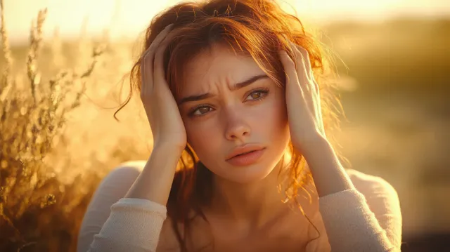 Young woman holding her head in pain beside sunlit field