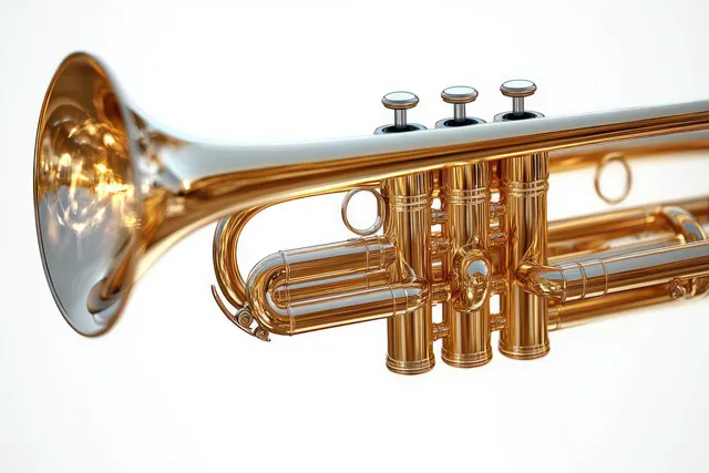 Shiny brass trumpet close-up showing bell, curved tubing, and valves reflecting light on a white background.