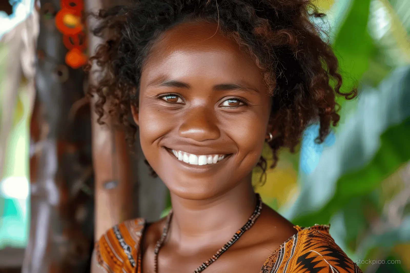 Smiling woman with curly hair in a patterned dress outdoors beside lush tropical greenery.