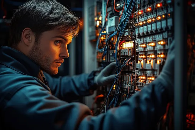 An engineer in gloves tests illuminated relay wiring on an industrial control panel with a multimeter.