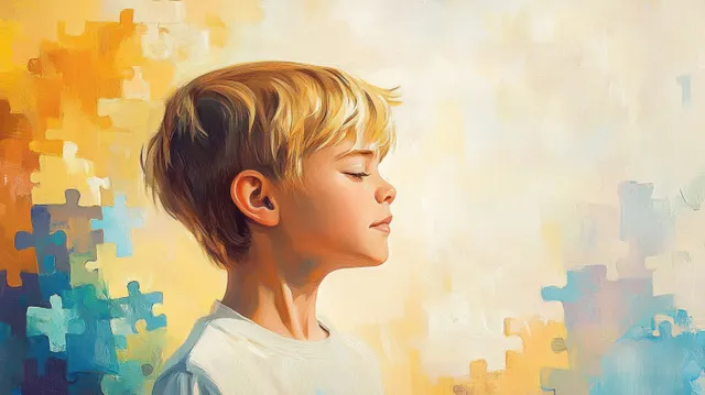 Young blond boy in calm profile with closed eyes, floating puzzle pieces