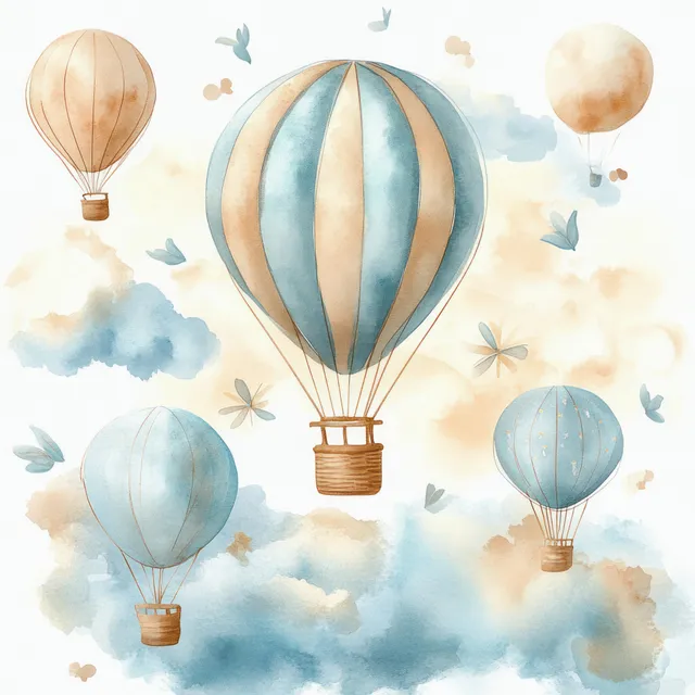 Pastel watercolor scene of three hot air balloons floating through soft clouds with butterflies in the sky.