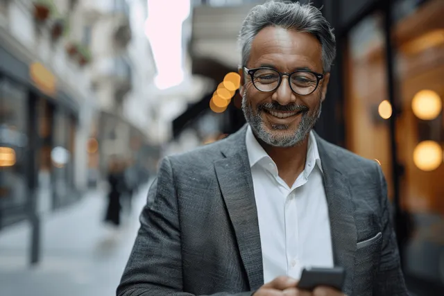 Smiling mature man in gray blazer using smartphone on a busy city street