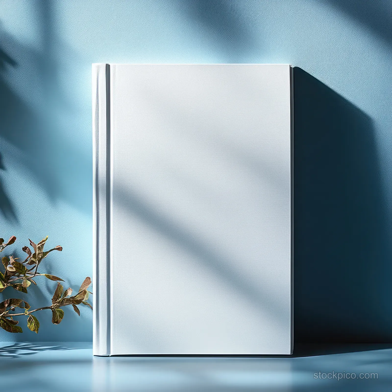 A blank white book stands on a blue background with dramatic chiaroscuro lighting and visible shadows.