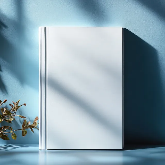 A blank white book stands on a blue background with dramatic chiaroscuro lighting and visible shadows.