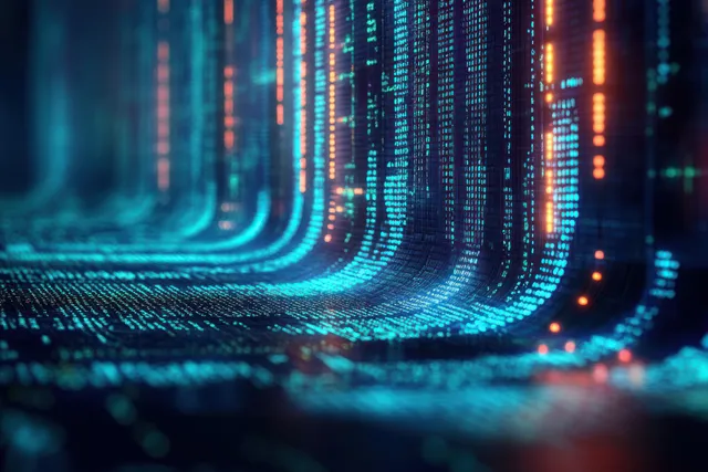 Neon cyberpunk code tunnel with cascading binary characters and glowing network data