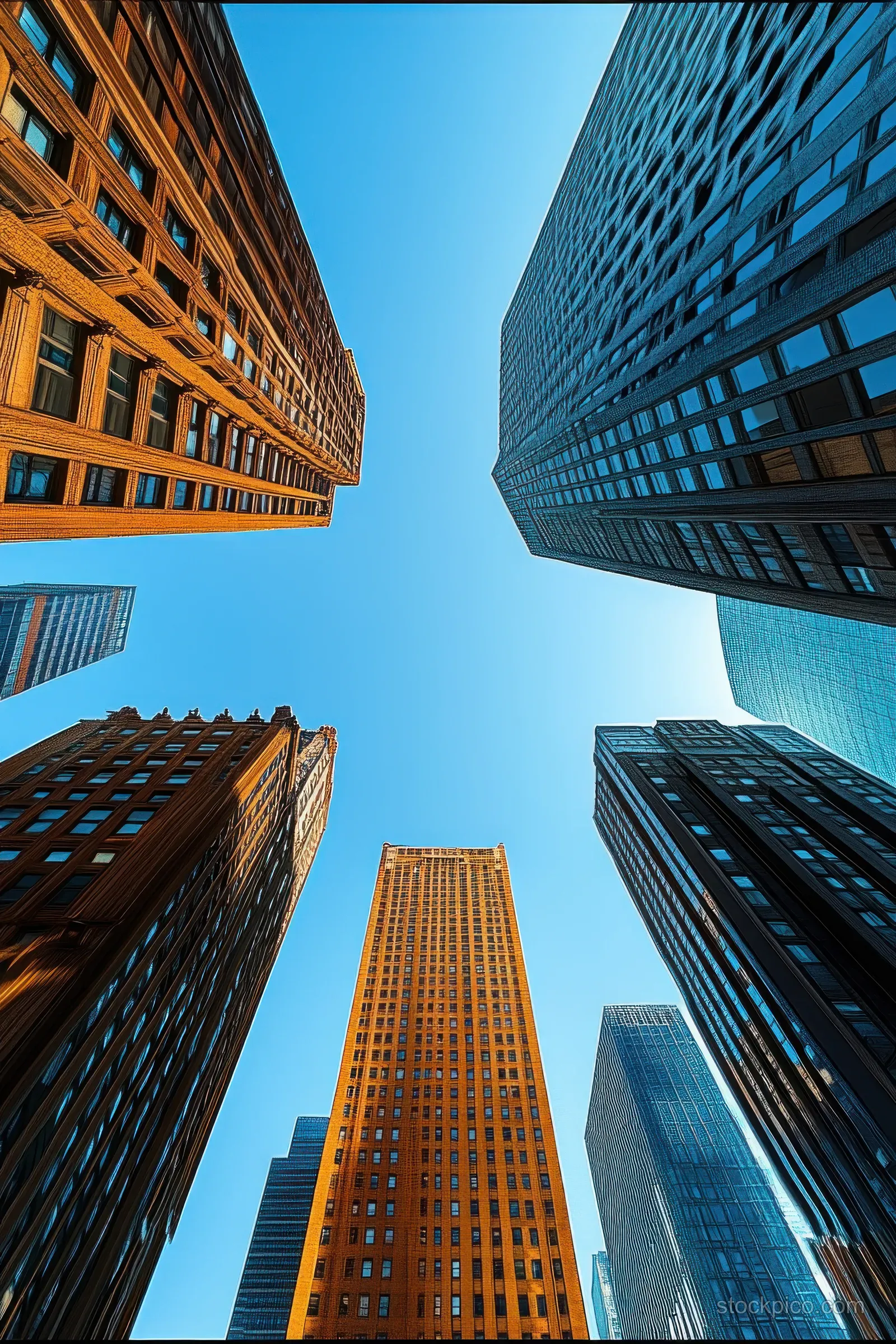 Low-angle view of tall glass skyscrapers surrounding a clear blue sky in bright daylight.