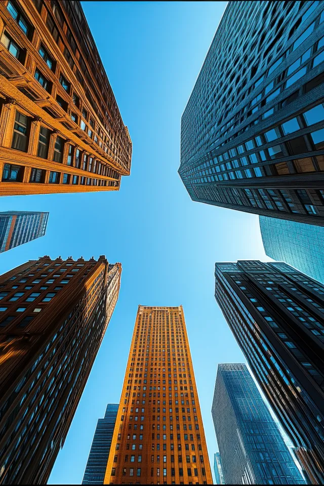 Low-angle view of tall glass skyscrapers surrounding a clear blue sky in bright daylight.