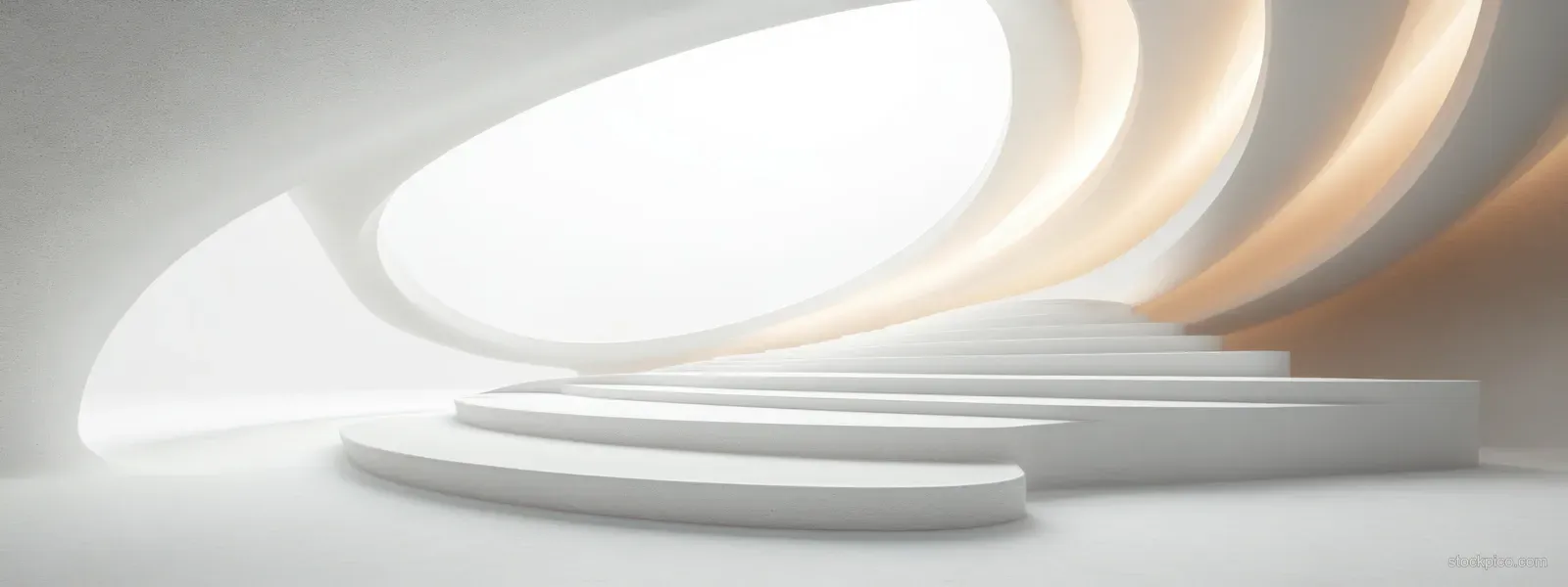 Empty minimalist interior with white curved walls, stepped rings, and soft glowing ceiling light.