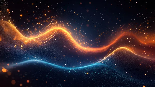 Glowing wave landscape with floating particles across a dark digital network background