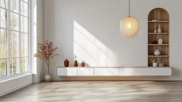 Scandinavian living room with sunlit windows, white walls, modern armchair, and TV sideboard
