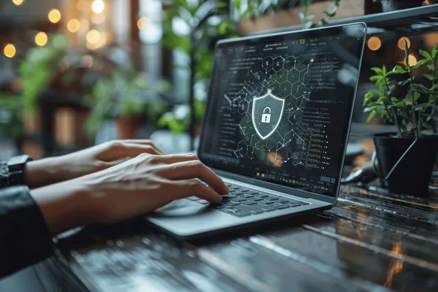 Hands Typing on Laptop with Cybersecurity Shield Interface in Cafe