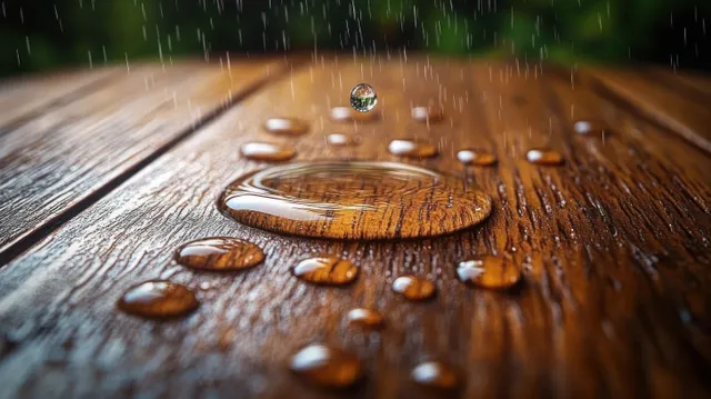 Rain droplets splash and bead on a textured wooden plank with a blurred outdoor background behind.